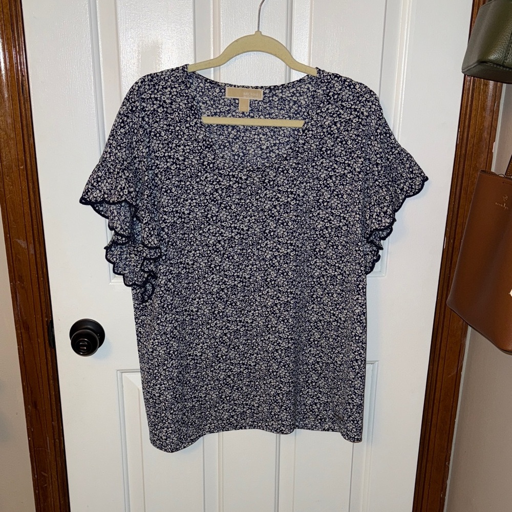 Michael Kors Navy Floral Ruffle Blouse